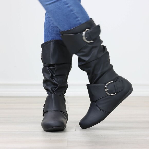 Black Mid-Calf Boots Slouch Shaft Faux Leather Side Zip Flat Sole - Picture 14 of 14